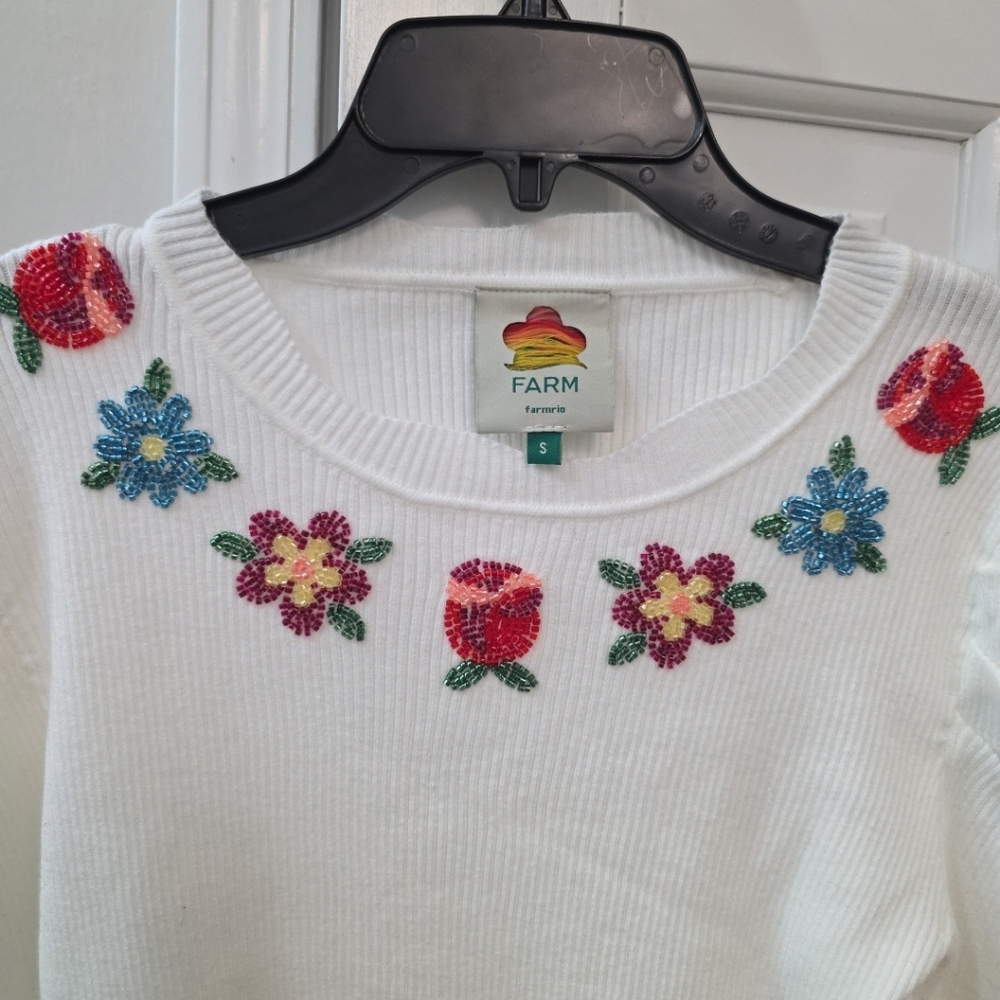 Farm Rio Off-white flower embroidery Knit Sweater small - Picture 5 of 7